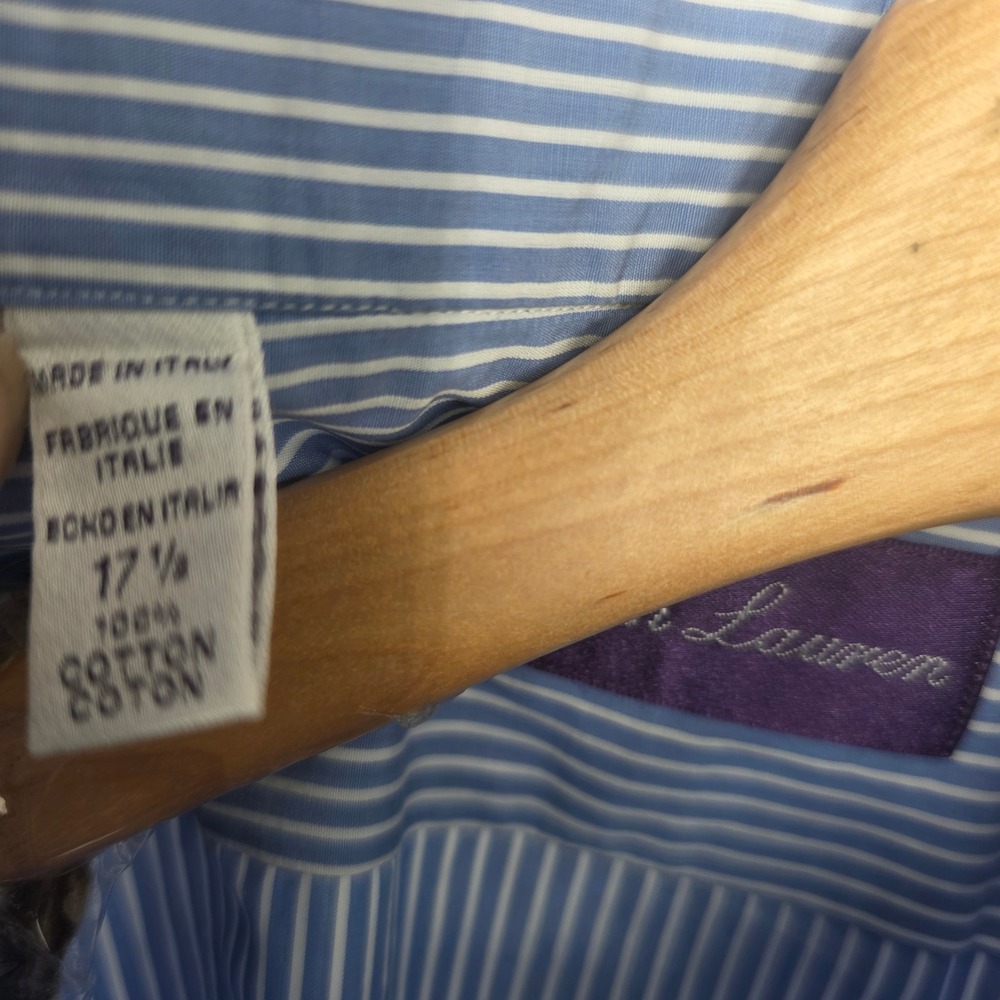 Ralph Lauren Purple Label Mens 17.5 Blue White Striped French Cuff Shirt Italy - Picture 3 of 8